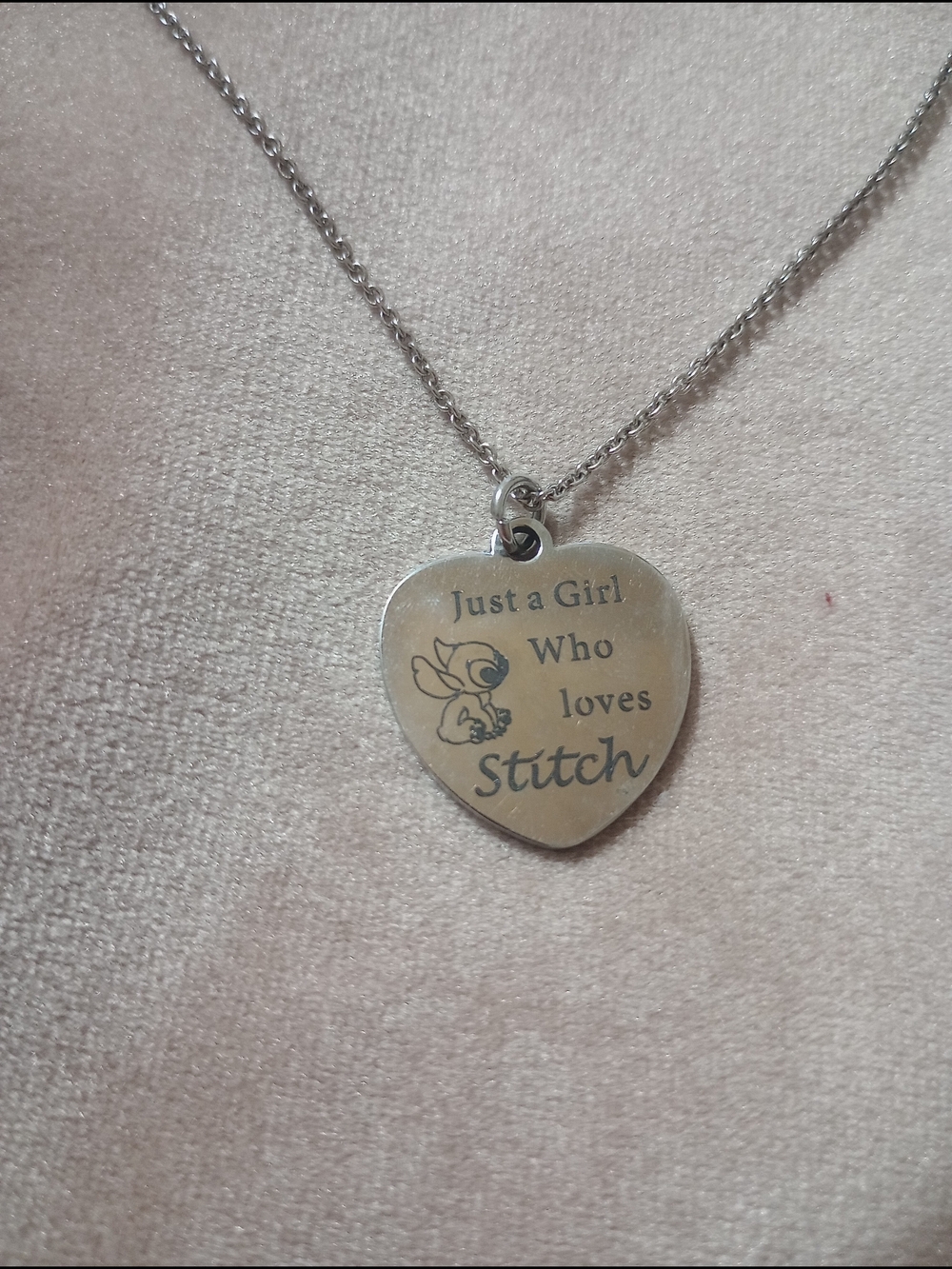Heart-Shaped 'Just a Girl Who Loves Stitch' Necklace - Silver Tone